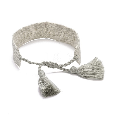 Word Love Is All Polycotton(Polyester Cotton) Braided Bracelet with Tassel Charm LS-BJEW-F429-05-1