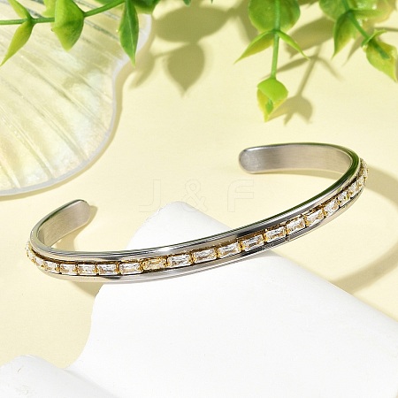 6MM 201 Stainless Steel and Brass Pave Rectangle Clear Cubic Zirconia Cuff Bangles BJEW-JB14370-1