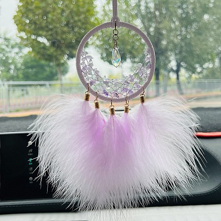 Iron Ring Woven Net/Web with Feather Car Hanging Decoration PW-WG64702-03-1