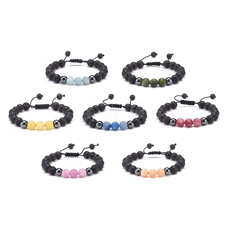 7Pcs 7 Style Natural Mixed Stone & Lava Rock & Synthetic Hematite Round Braided Bead Bracelets Set BJEW-JB08387-1