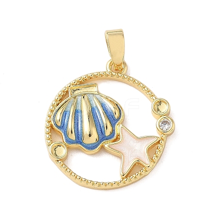 Flat Round with Shell Shape Brass Micro Pave  Clear Cubic Zirconia Pendant Cabochon Settings KK-P334-17G-01-1