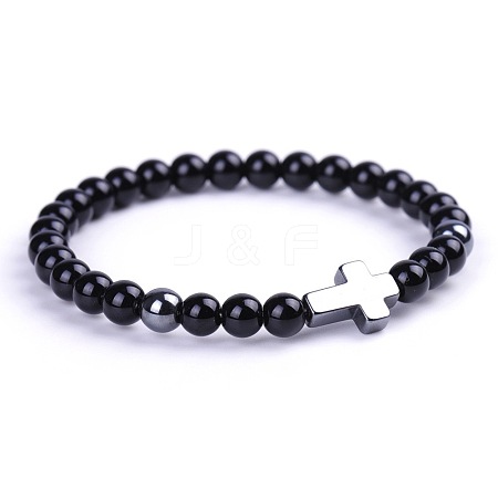 Natural Black Stone & Synthetic Non-magnetic Hematite Beads Stretch Bracelets for Women Men BO6196-3-1