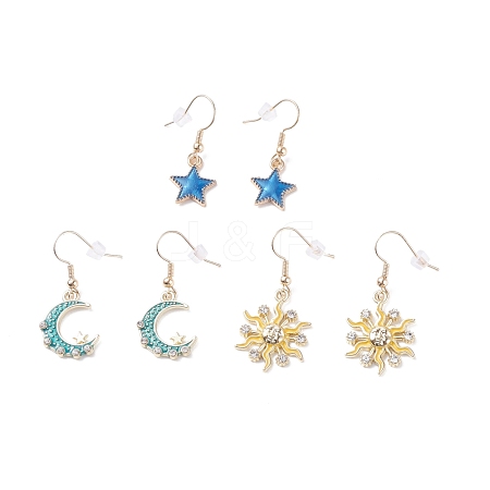 3 Pairs 3 Styles Star & Moon & Sun Alloy Enamel Dangle Earrings EJEW-JE04870-1