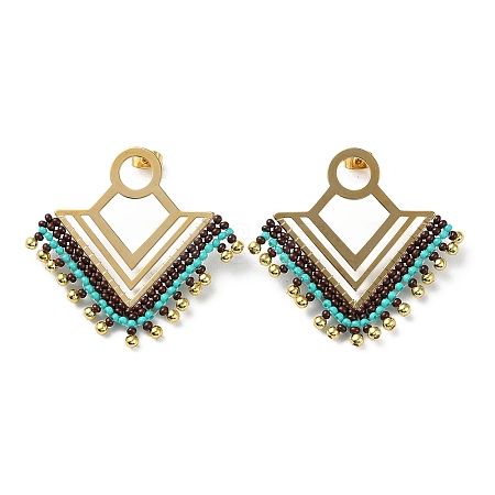 Woven Glass & Brass Beaded Triangle Dangle Stud Earrings with PVD Vacuum Plating 304 Stainless Steel Pins EJEW-A105-03G-1