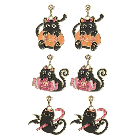 Halloween Theme Alloy Enamel Cat Dangle Stud Earrings with Brass Pins EJEW-JE05308-1