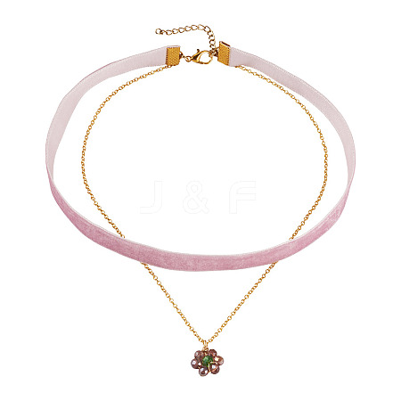 Glass Beaded Flower Pendant Single Face Medium Orchid Velvet Ribbon & Brass Cable Chain Double Layered Choker Necklaces NJEW-TAC0041-1
