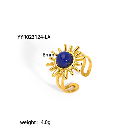 Vintage Natural Lapis Lazuli & Stainless Steel Flower Cuff Rings for Women CT4656-1-1