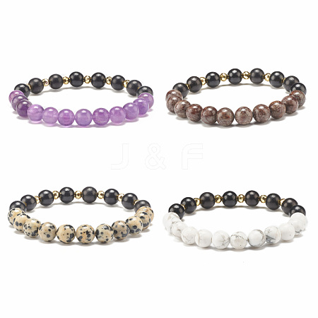 Natural Wood & Stone Round Beaded Stretch Bracelet BJEW-JB07817-1