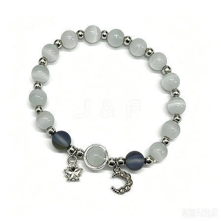 Moon Alloy Cat Eye & Natural Moonstone Round Beaded Charm Bracelets WG18D49-05-1
