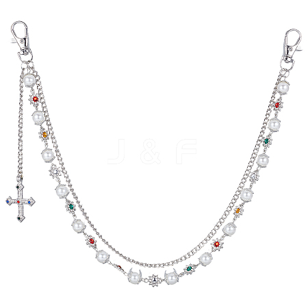 1Pc Alloy Colorful Rhinestone Flower & Plastic Pearl Link Chain Double Layer Pants Chains AJEW-GF0012-74-1