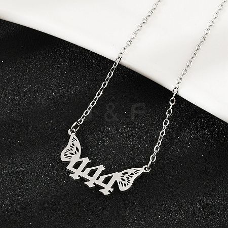 201 Stainless Steel Number 444 with Butterfly Wings Pendant Necklaces LS-NJEW-P332-01B-P-1