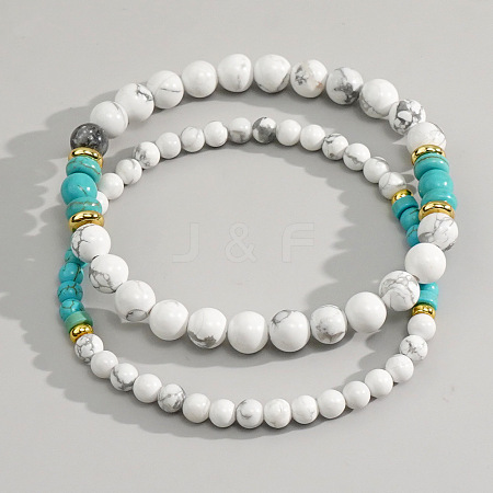 2Pcs Howlite & Synthetic TurquoiseBeaded Stretch Bracelet Sets for Men CX6639-2-1