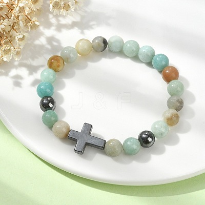 Natural Flower Amazonite & Synthetic Hematite Corss Beaded Stretch Bracelets BJEW-JB09845-02-1