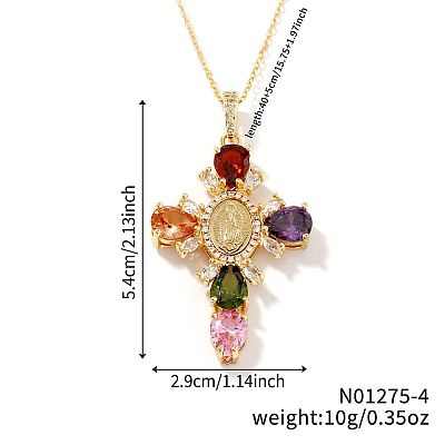 Brass Pave Cubic Zirconia Virgin Mary Cross Pendant Necklaces FU1040-4-1