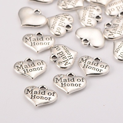 Wedding Theme Antique Silver Tone Tibetan Style Heart with Maid of Honor Rhinestone Charms TIBEP-N005-05B-1