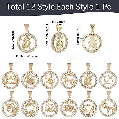 12Pcs 12 Styles Brass Micro Pave Cubic Zirconia Pendants KK-BM0001-01-1