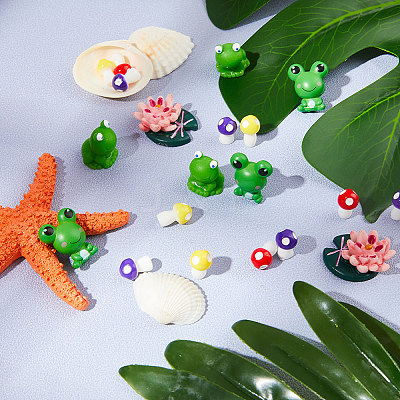 66Pcs 6 styles Resin Frog & Lotus & Mushroom Ornaments DJEW-GF0001-61-1