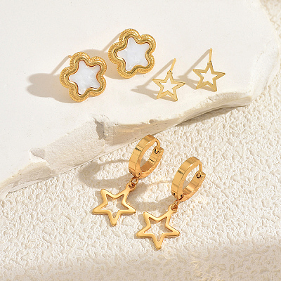 3 Pairs Stainless Steel Flower & Hollow Star Earring Sets BQ9820-1