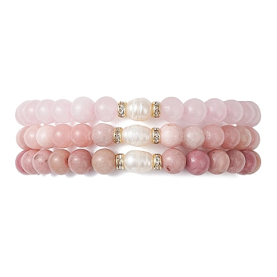 3Pcs Natural Pink Opal & Rhodochrosite & Rose Quartz Round Beads Stretch Bracelets for Women BJEW-JB13055-1