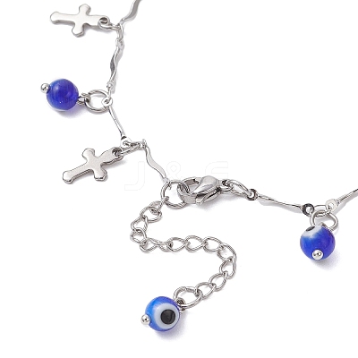 Handmade Evil Eye Lampwork & 304 Stainless Steel Cross Tassel Bar Link Chain Anklets for Women AJEW-AN00741-02-1