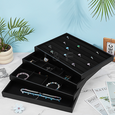 4Pcs 4 Styles Wood Covered with PU Leather Jewelry Display Trays for Earrings Rings Bracelets Necklaces ODIS-FG0002-12-1