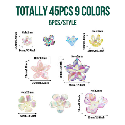 45Pcs 9 Colors Transparent Acrylic Bead Caps MACR-TA0001-92-1