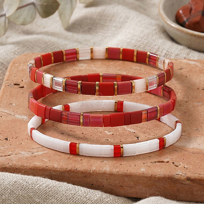 Handmade Red and White Glass Beaded Stretch Tile Bracelet Sets MA5695-1