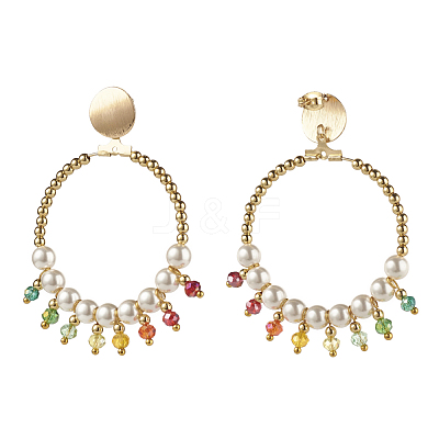 Round Shell Pearl Beads & Glass Beads Big Ring Dangle Stud Earrings EJEW-TA00013-1