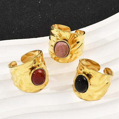 316 Stainless Steel with Natural Mixed Gemstone Cuff Rings RJEW-Z098-01G-16-1