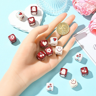14Pcs 7 Styles Opaque Printed Acrylic Beads MACR-YW0004-13-1