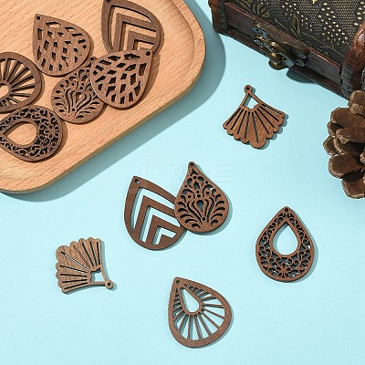 12Pcs 6 Styles Walnut Wood Laser Cut Pendants WOOD-YW0001-61-1