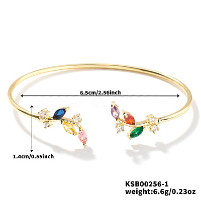 Elegant Brass Cubic Zirconia Leaf Cuff Bangles for Women VL7639-1-1