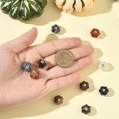 10Pcs Natural & Synthetic Mixed Gemstone Pumpkin Charms with Golden Tone Brass Bails G-YW0002-45-1