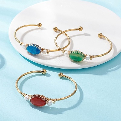 Wire Wrapped Natural Agate Cuff Bangles BJEW-TA00742-1