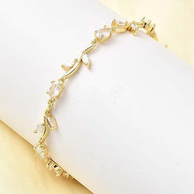 Leaf Brass Micro Pave Clear Cubic Zirconia Link Chain Bracelets BJEW-C130-02G-1