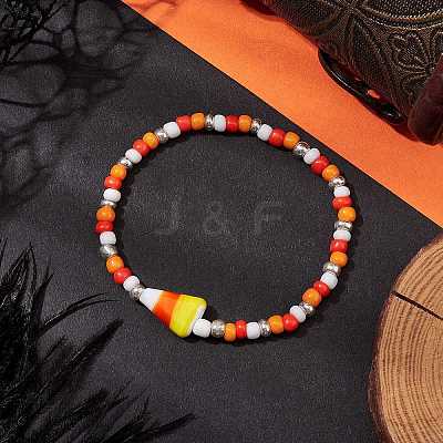 Halloween Candy Corn Acrylic & Glass Seed Beaded Stretch Bracelets Women BJEW-JB10525-03-1