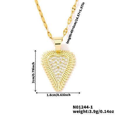 Vintage Brass Micro Pave Clear Cubic Zirconia Heart Pendant Necklaces for Women TJ4631-1-1