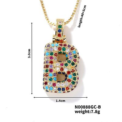 Brass Pave Colorful Cubic Zirconia Letter Pendant Box Chain Necklaces NU0575-2-1