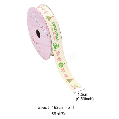 5 Rolls 5 Patterns Single Face Printed Cotton Satin Ribbons OCOR-YW0001-04-1