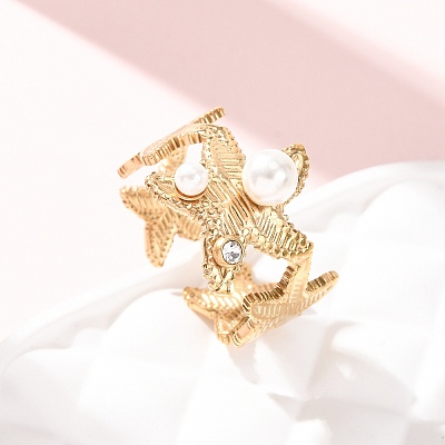 304 Stainless Steel Cubic Zirconia with Plastic Pearls Cuff Open Rings for Women CU-CBAA1FE-01G-1
