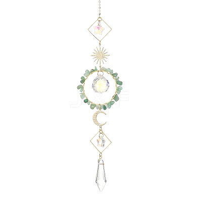 Sun Moon Ring Brass & Natural Green Aventurine Chip Suncatcher HJEW-JM05027-03-1