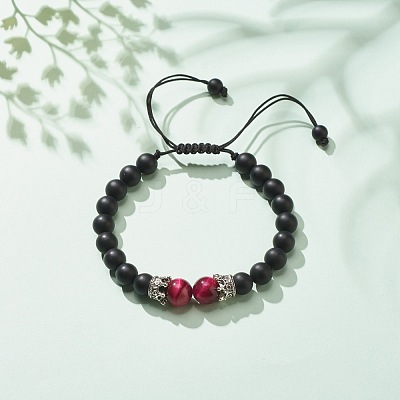 Natural Frosted Dyed & Heated Black Agate & Tiger Eye Braided Bead Bracelet with Alloy Crown BJEW-JB08249-03-1