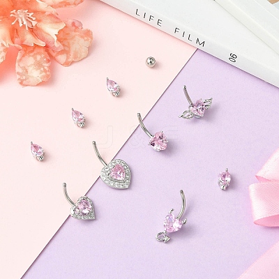 5Pcs 5 Styles Heart Teardrop 304 Stainless Steel Pearl Pink Cubic Zirconia Curved Barbell Belly Rings AJEW-CJ0001-58-1