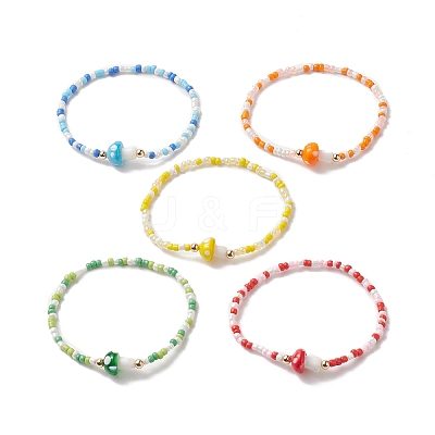 Mushroom Lampwork & Glass Seed & Brass Beaded Stretch Bracelets for Women BJEW-JB09272-1