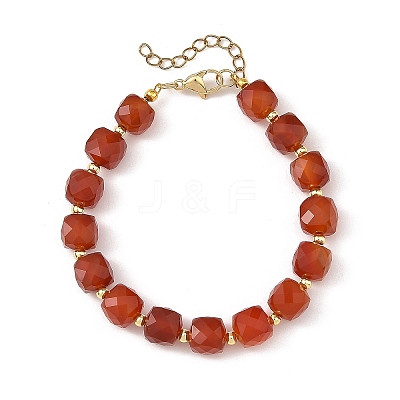 Faceted Cube Natural Carnelian and Brass Round Beaded Bracelets for Women BJEW-JB14444-1