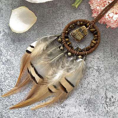 Irregular Nugget Woven Net/Web with Feather Pendant Decoration PW-WG89B61-02-1