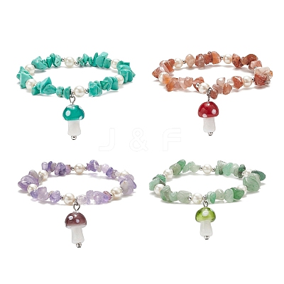 4Pcs 4 Style Natural & Synthetic Mixed Gemstone Chips & Glass Pearl Beaded Stretch Bracelets Set BJEW-TA00207-1