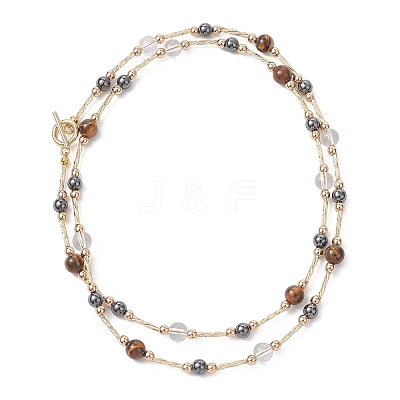 Round Synthetic Non-Magnetic Hematite & Quartz Crystal & Natural Tiger Eye and Glass Twisted Bugle Beaded Necklaces NJEW-JN05726-1