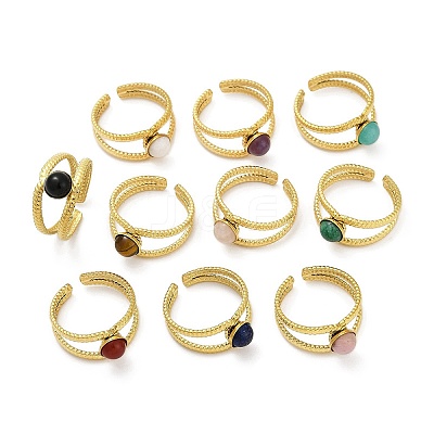 316 Stainless Steel with Natural Mixed Gemstone Cuff Rings RJEW-Z098-01G-11-1