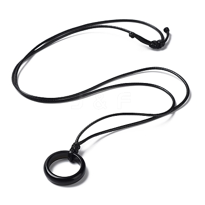 Natural Obsidian Ring Pendant Necklace with Waxed Cords NJEW-R262-01A-10-1
